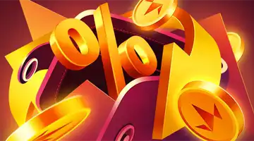 Изображение золотого символа процента в окружении золотых монет, символизирующее кэшбэк-бонус в Avocado Казино.